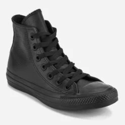 Converse Chuck Taylor All Star Leather Hi-Top Trainers - Black Mono -Vans Shoes Shop 11021308 8424492342385070