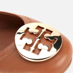 Tory Burch Women's Minnie Metal Logo Leather Ballet Flats - Royal Tan/Gold -Vans Shoes Shop 12851630 2904864280970180