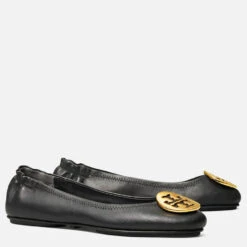 Tory Burch Women's Minnie Travel Leather Ballet Flats - Black/Gold -Vans Shoes Shop 13554787 5544938133697079